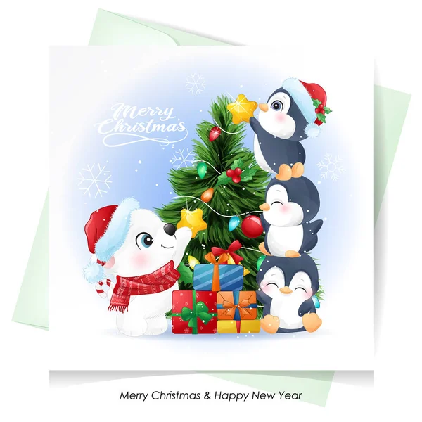 Cute Doodle Polar Bear Penguin Christmas Watercolor Illustration — Stock Vector