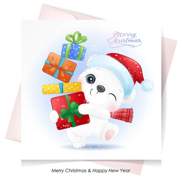 Urso Polar Bonito Doodle Para Natal Com Ilustração Aquarela — Vetor de Stock