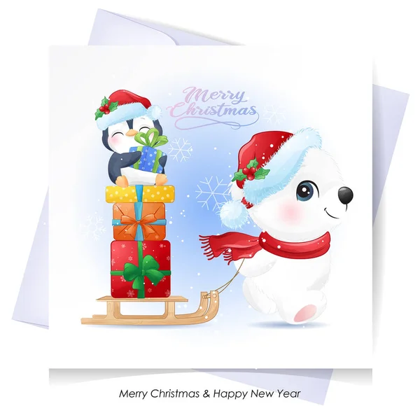 Urso Polar Bonito Doodle Pinguim Para Natal Com Ilustração Aquarela — Vetor de Stock