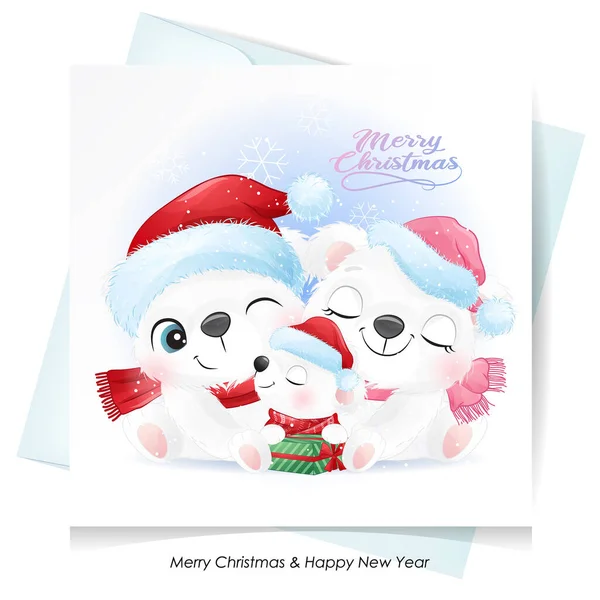 Cute Doodle Polar Bear Family Christmas Watercolor Illustration — Stock Vector