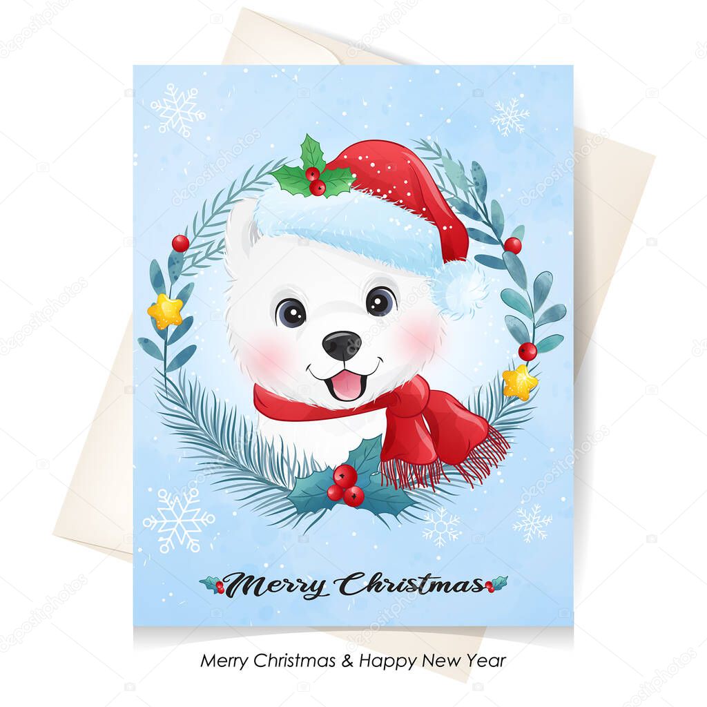 Cute doodle puppy for christmas with watercolor illustration