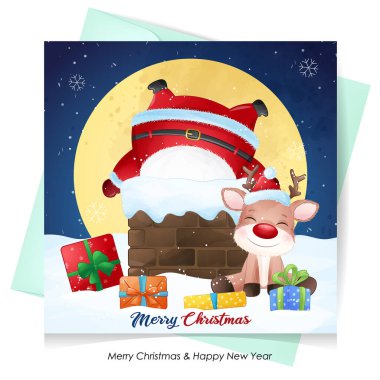 Tatlı noel baba ve geyik suluboya resimli.