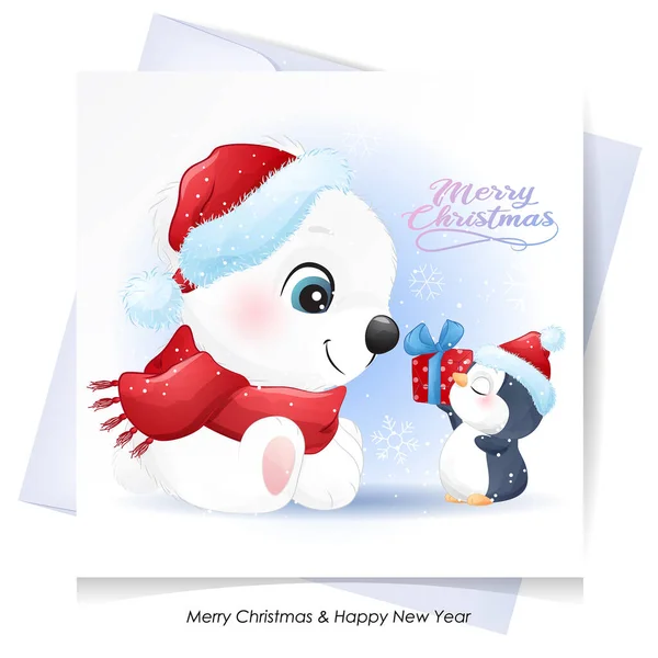 Carino Doodle Orso Pinguino Natale Con Illustrazione Acquerello — Vettoriale Stock