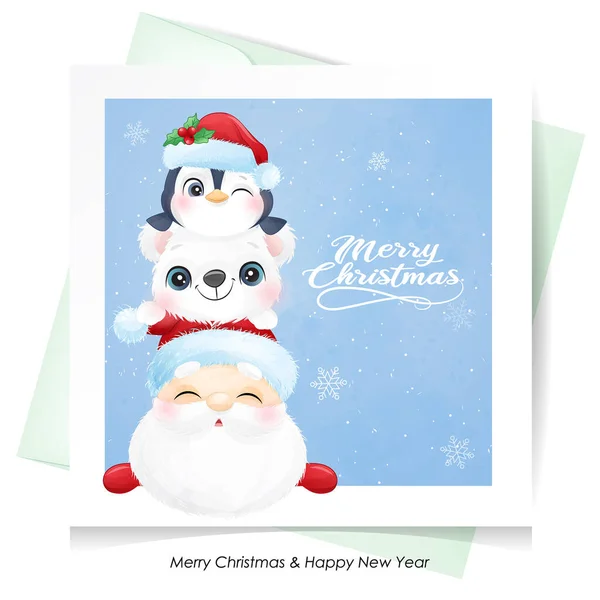 Schattige Doodle Santa Claus Vrienden Voor Kerst Met Aquarel Illustratie — Stockvector