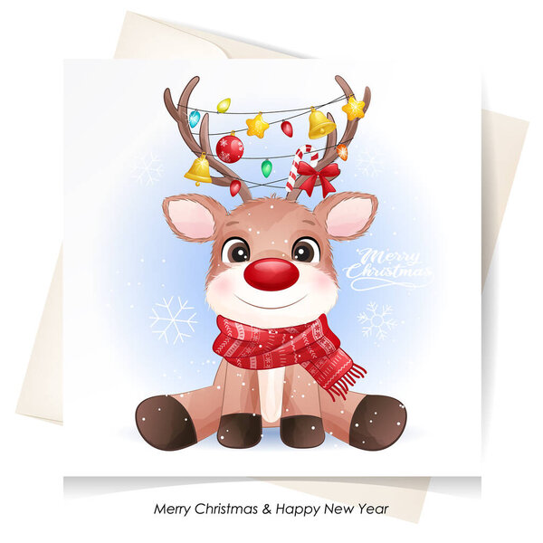 Lindo Ciervo Garabato Para Navidad Con Ilustración Acuarela — Vector de stock