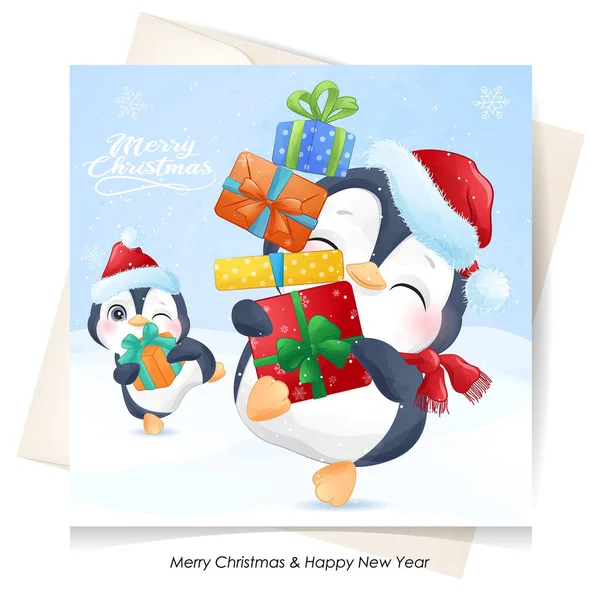 Aranyos Firka Pingvin Karácsonyra Akvarell Illusztráció — Stock Vector