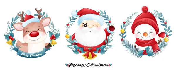Χαριτωμένο Doodle Santa Claus Και Τους Φίλους Για Χριστούγεννα Ακουαρέλα — Διανυσματικό Αρχείο