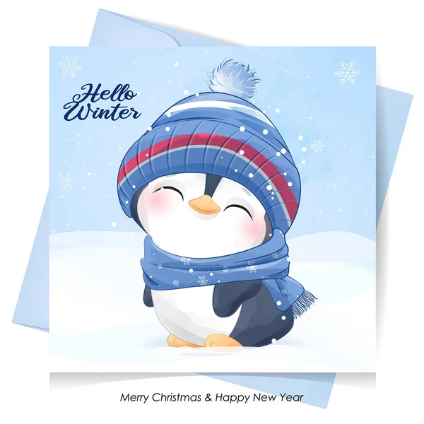Leuke Doodle Pinguïn Voor Kerst Met Aquarel Illustratie — Stockvector