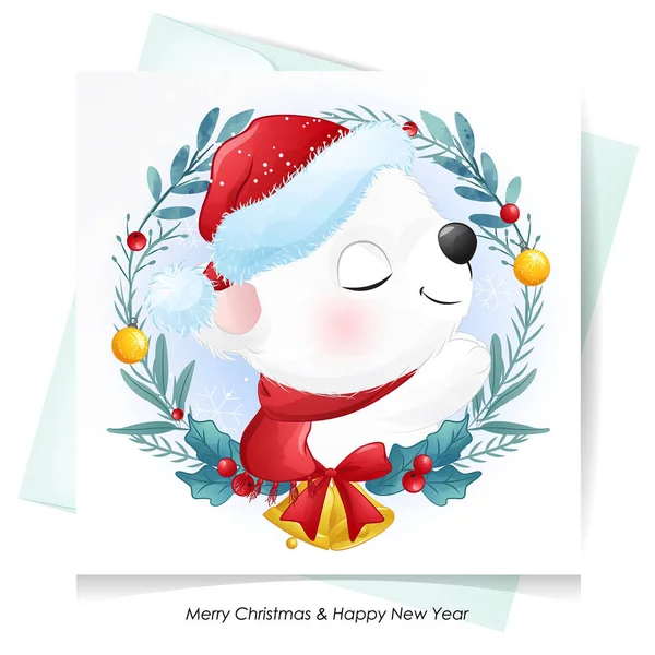 Cute Doodle Bear Christmas Watercolor Illustration — Stock Vector