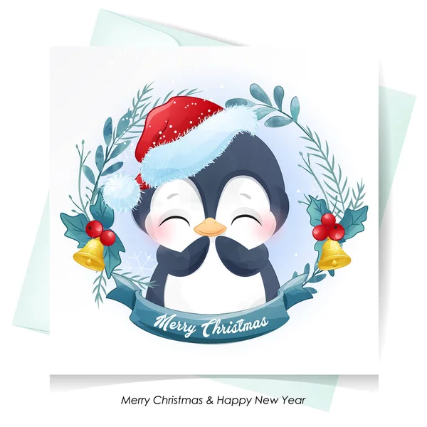 Leuke Doodle Pinguïn Voor Kerst Met Aquarel Illustratie — Stockvector