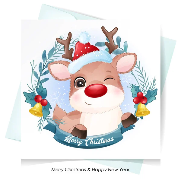 Carino Doodle Cervo Natale Con Acquerello Illustrazione — Vettoriale Stock