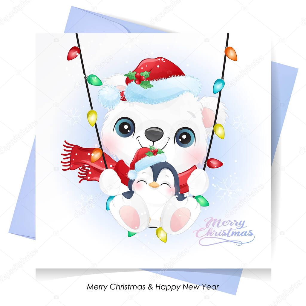 Cute doodle bear and penguin for christmas with watercolor illustration