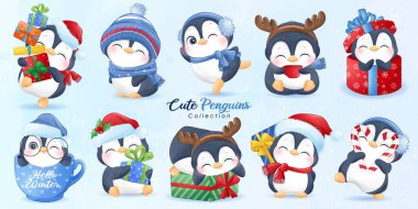 Suluboya resimleriyle Noel günü için hazırlanmış şirin penguenler.
