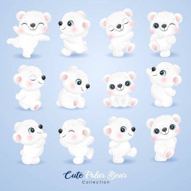 Suluboya resimli şirin kutup ayısı seti.