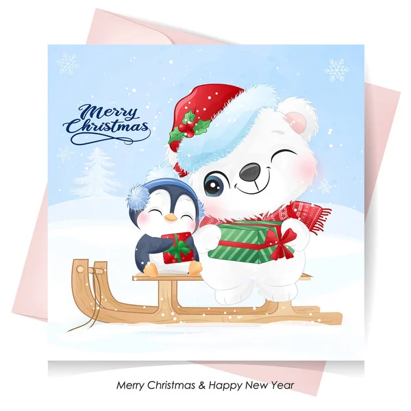 Carino Doodle Orso Polare Pinguino Giorno Natale Con Illustrazione Acquerello — Vettoriale Stock