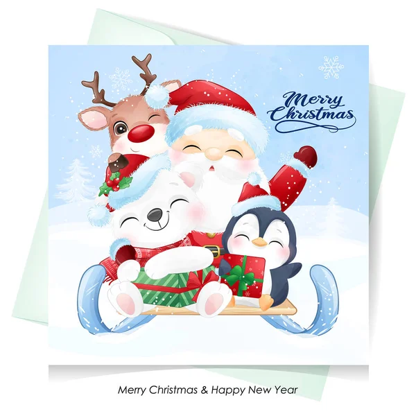 Cute Doodle Santa Claus Friends Christmas Day Watercolor Illustration — Stock Vector