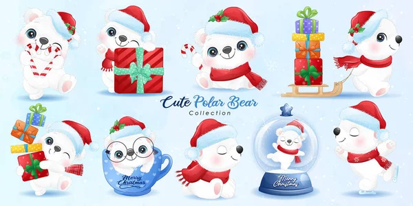 Cute Doodle Polar Bear Set Christmas Day Watercolor Illustration — Stock Vector