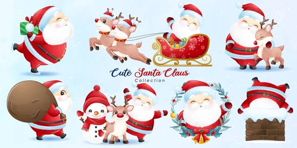 Carino Doodle Babbo Natale Amici Giorno Natale Con Illustrazione Acquerello — Vettoriale Stock