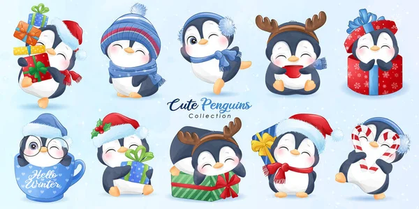 Cute Doodle Pingwiny Zestaw Boże Narodzenie Akwarela Ilustracji — Wektor stockowy