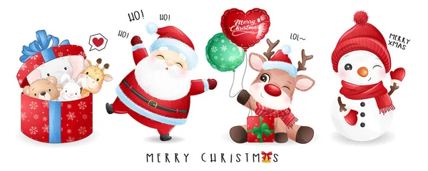 Tatlı noel baba ve arkadaşları suluboya resimli Noel günü için.