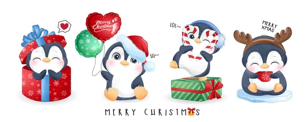 Pingouins Doodle Mignon Ensemble Pour Jour Noël Avec Illustration Aquarelle — Image vectorielle