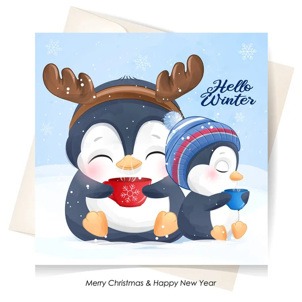 Leuke Doodle Pinguïns Voor Kerst Dag Met Aquarel Illustratie — Stockvector