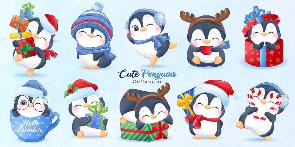 Cute doodle penguins set for christmas day with watercolor illustration