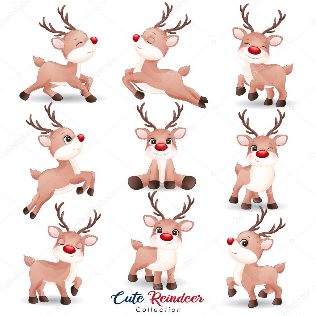 Cute doodle reindeer for christmas day with watercolor illustration