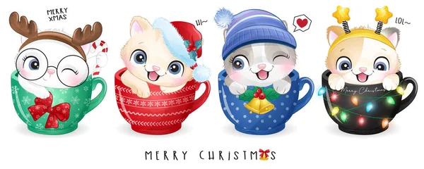 Carino Doodle Gattino Giorno Natale Con Acquerello Illustrazione — Vettoriale Stock