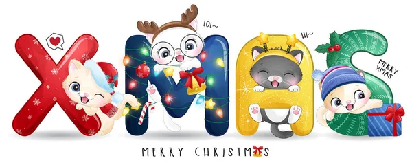 可爱的涂鸦猫与水彩画的圣诞节 — 图库矢量图片