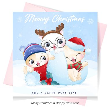 Noel için suluboya resimli şirin bir kedi.