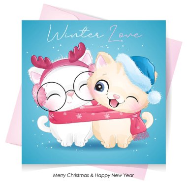 Noel için suluboya resimli şirin bir kedi.