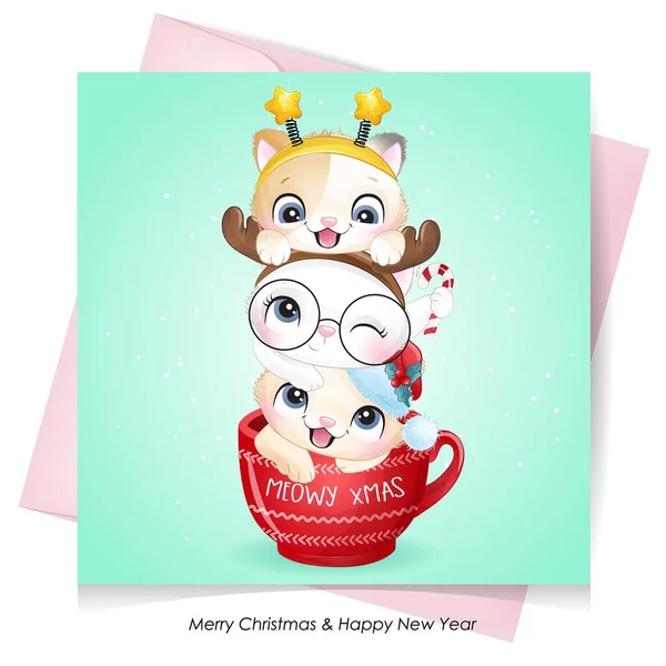 Gatinho Bonito Doodle Para Dia Natal Com Ilustração Aquarela —  Vetores de Stock