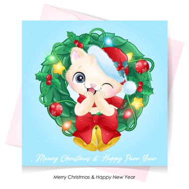 Noel için suluboya resimli şirin bir kedi.