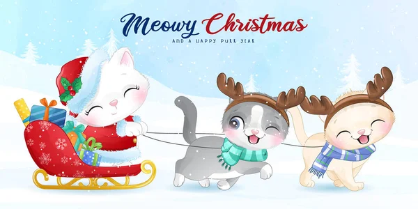 Roztomilé Doodle Koťátko Pro Vánoční Den Akvarelem Ilustrace — Stockový vektor