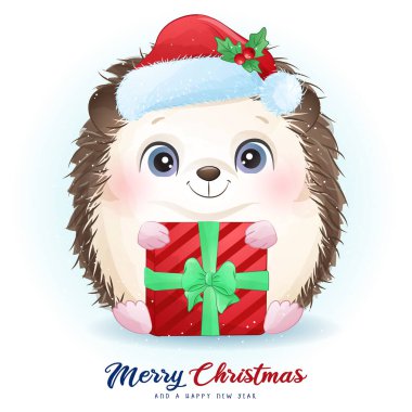 Noel için suluboya resimli şirin bir kirpi.