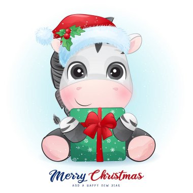 Suluboya resimli, Noel günü için şirin bir zebra.