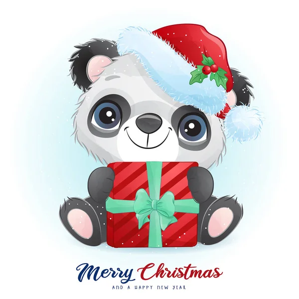 Lindo Panda Garabatos Para Navidad Con Ilustración Acuarela — Archivo Imágenes Vectoriales