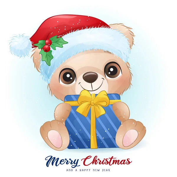 Милий Каракулевий Ведмідь Різдво Акварельною Ілюстрацією — стоковий вектор