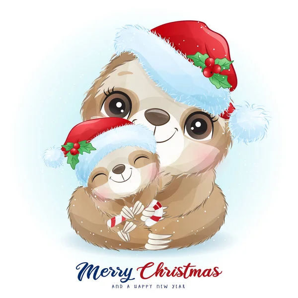 Χαριτωμένο Doodle Sloth Για Την Ημέρα Των Χριστουγέννων Ακουαρέλα Εικόνα — Διανυσματικό Αρχείο