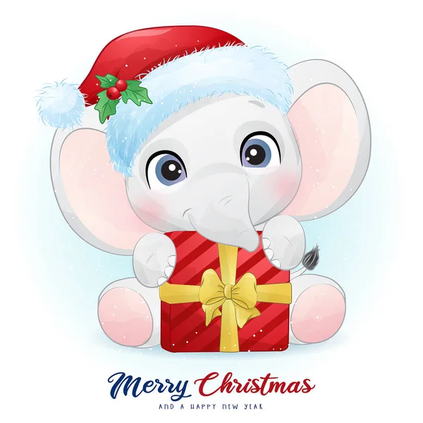 Carino Doodle Elefante Giorno Natale Con Acquerello Illustrazione — Vettoriale Stock