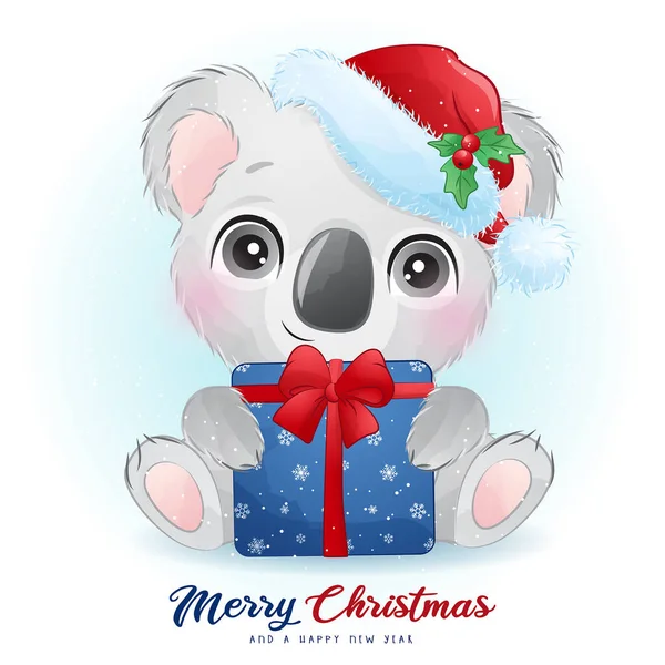 Χαριτωμένο Doodle Koala Αρκούδα Για Την Ημέρα Των Χριστουγέννων Ακουαρέλα — Διανυσματικό Αρχείο