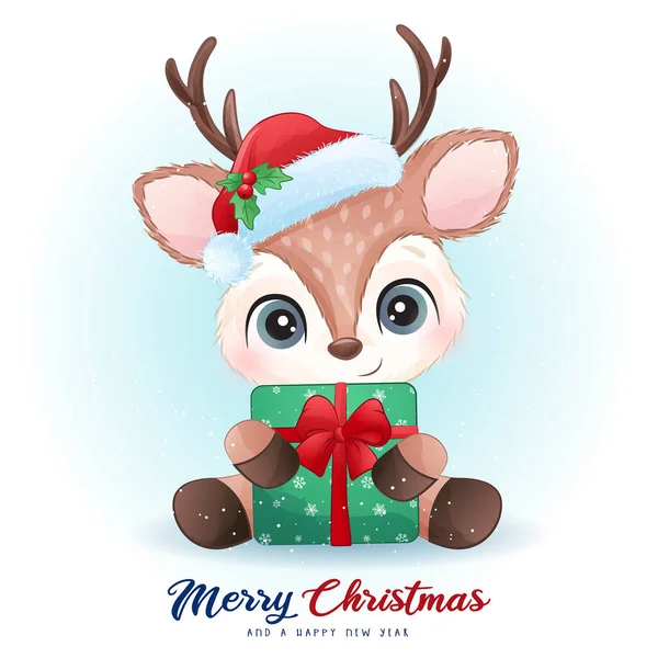 Carino Doodle Cervo Giorno Natale Con Acquerello Illustrazione — Vettoriale Stock