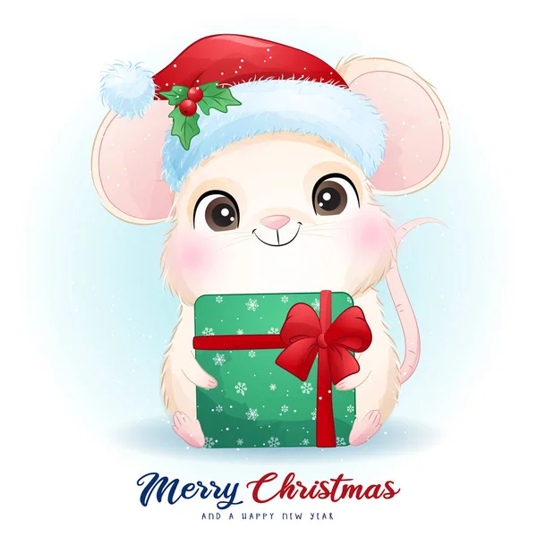 Mouse Doodle Bonito Para Dia Natal Com Ilustração Aquarela — Vetor de Stock