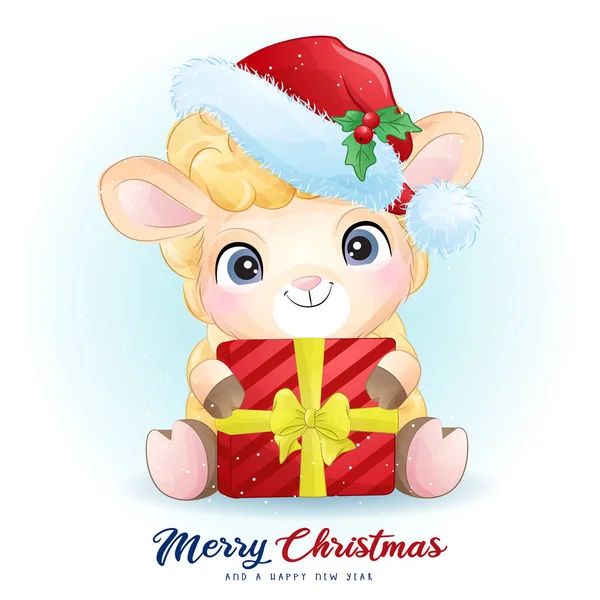 可爱的涂鸦羊与水彩画的圣诞节 — 图库矢量图片