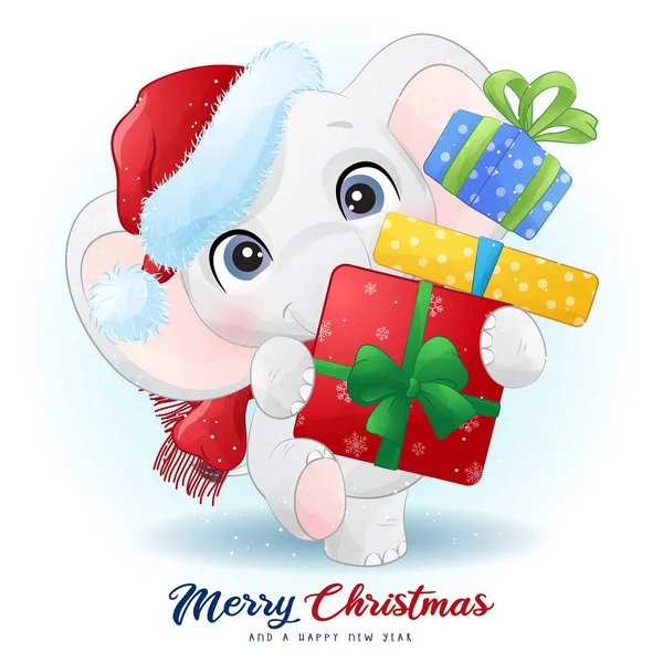 Carino Doodle Elefante Giorno Natale Con Acquerello Illustrazione — Vettoriale Stock