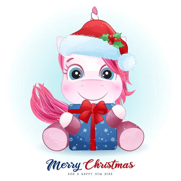 Lindo Unicornio Garabato Para Día Navidad Con Ilustración Acuarela — Vector de stock