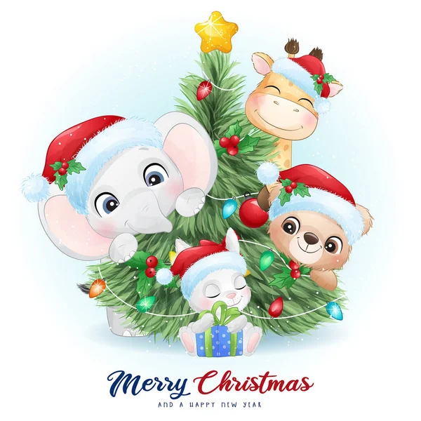 Noel için suluboya resimli şirin karalama hayvanları.