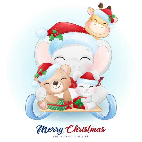 Roztomilé Čmáranice Zvířata Pro Vánoční Den Akvarelem Ilustrace — Stockový vektor