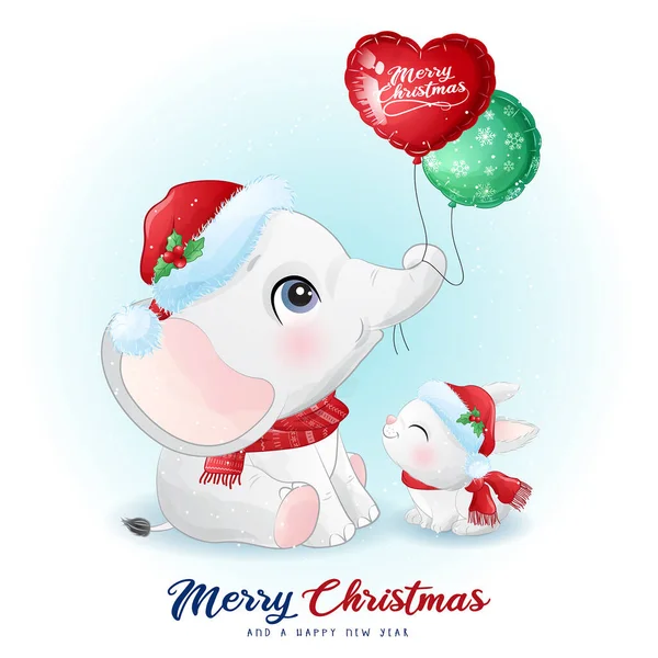 Carino Doodle Elefante Coniglietto Giorno Natale Con Illustrazione Acquerello — Vettoriale Stock